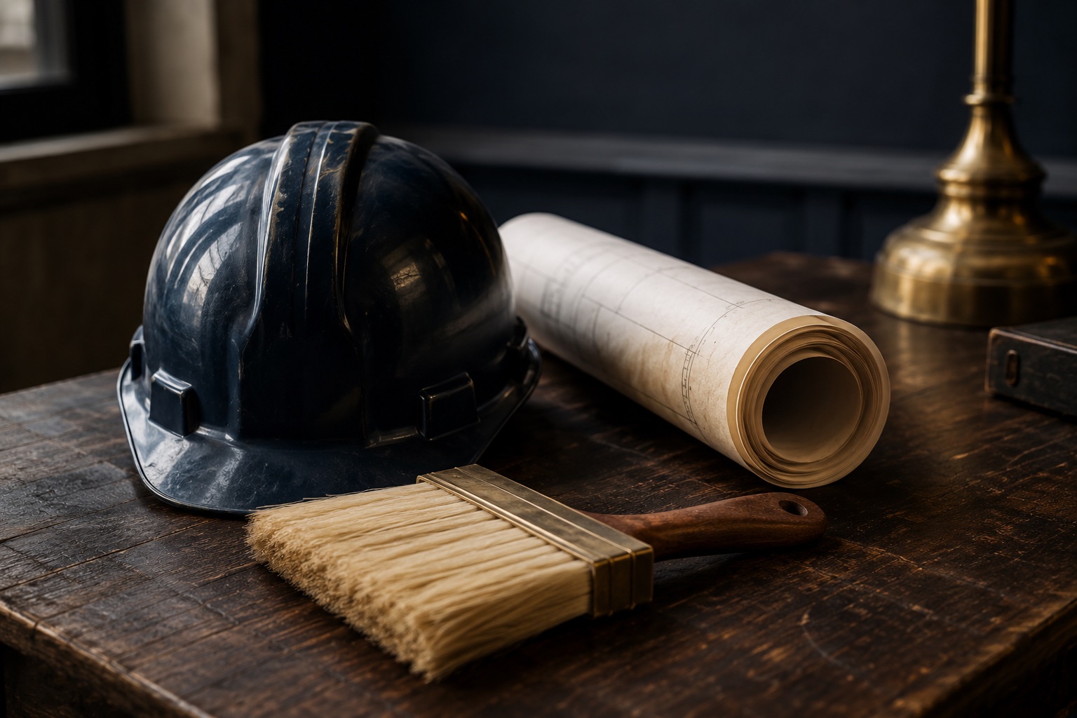 The tools of a master builder's trade — drawings, a hard hat, and a paperhanging brush